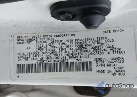 2004 Toyota 4Runner Sr5 V8 из США, поврежденный, VIN JTEBT14R940043977